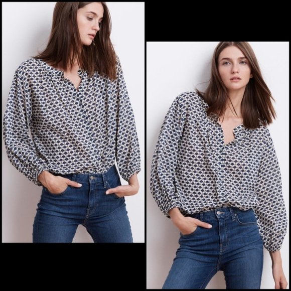 Anthro Velvet by Graham & Spencer Black Floral Collarless Peasant Blouse Top - Picture 6 of 10